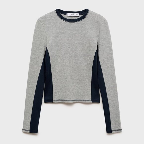 Mango Cotton long sleeve t-shirt cropped top contrasting panels S gray dark navy - Picture 2 of 7